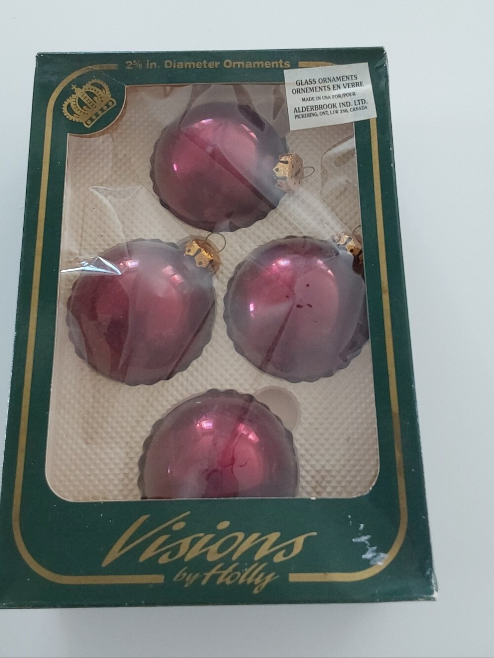Vintage Visions Holly Glass Christmas Ornaments Set 4 Plum Purple Burgundy 2.6in